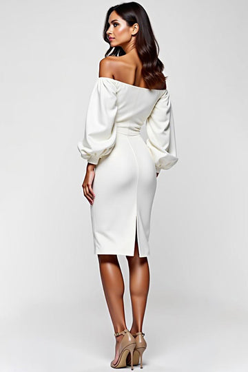 Robe de graduation en satin blanc à épaules dénudées avec manches longues